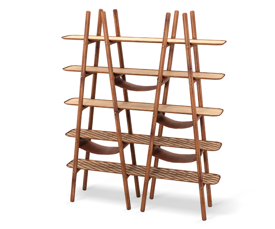 Blake Walnut Bookshelf with leather and brushed brass details Blake Ladder Shelf with leather and brushed brass details