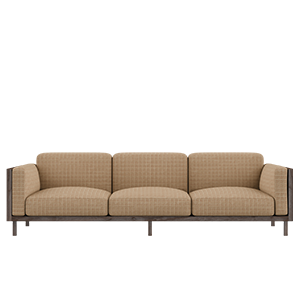 Front view of the Conway sofa, featuring a smoked walnut wood structure and weave fabric upholstery.