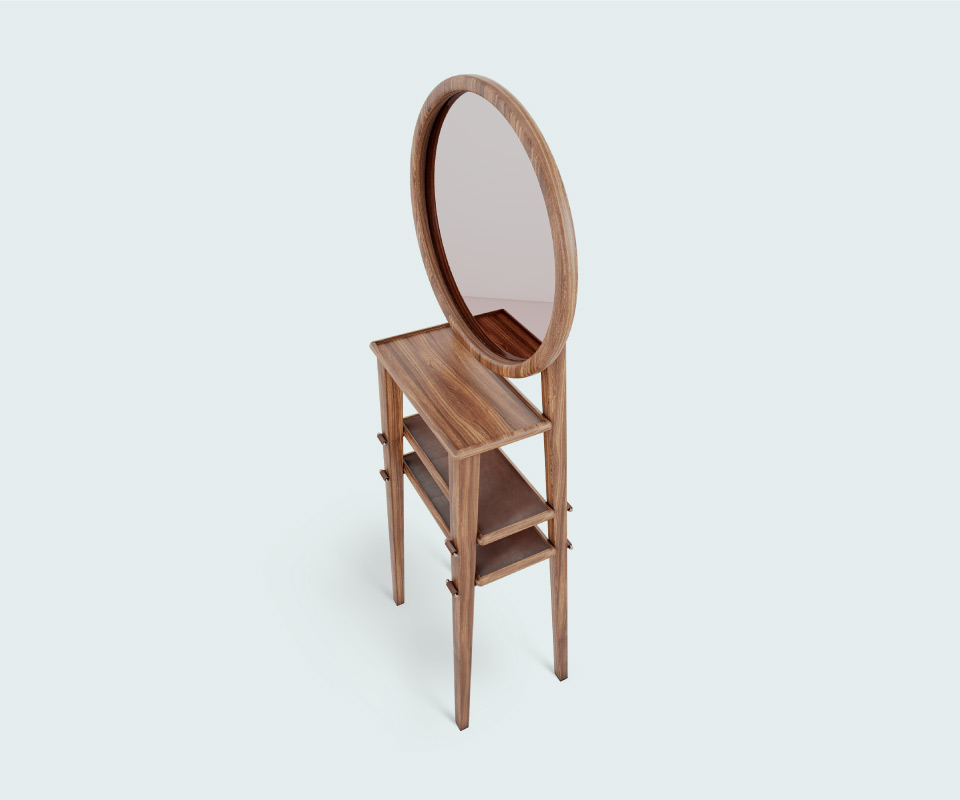 Turner Standing Mirror in walnut wood, genuine leather and polished brass