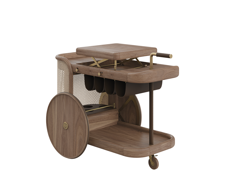 Brinsley Bar Cart with the tray elevated, crafted in walnut wood and natural rattan.