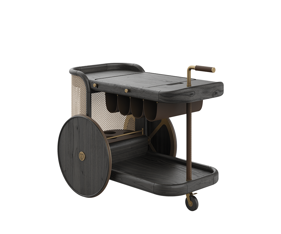 Brinsley Bar Cart at a 45° angle in black stained ashwood, highlighting the rattan weave, wooden frame, leather section for hanging bottles, and wooden wheels, showcasing craftsmanship, textures, and material harmony.