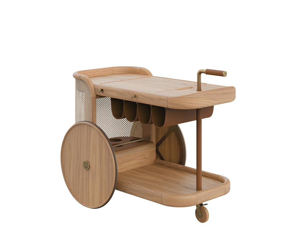 Brinsley Bar Cart at a 45° angle in natural oak, highlighting the rattan weave, wooden frame, leather section for hanging bottles, and wooden wheels, showcasing craftsmanship, textures, and material harmony.