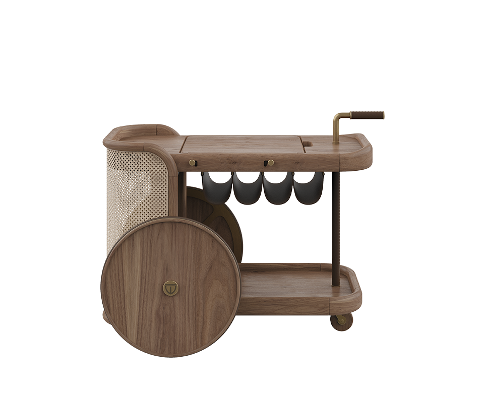 Side view of the Brinsley Bar Cart in walnut wood and natural rattan, highlighting a leather section designed for hanging bottles, showcasing its elegant craftsmanship and material contrast.