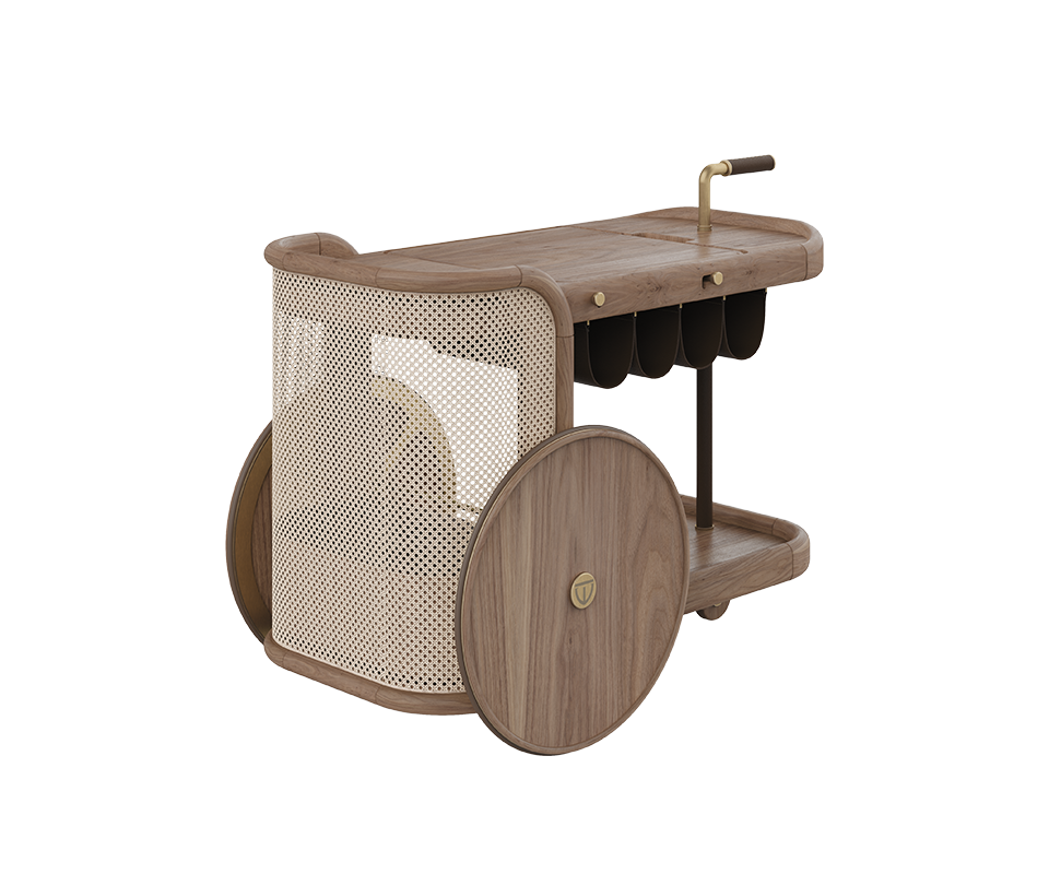 Rear view of the Brinsley Bar Cart, emphasizing the natural rattan weave and wheels, with walnut wood framing highlighting its craftsmanship and mobility.