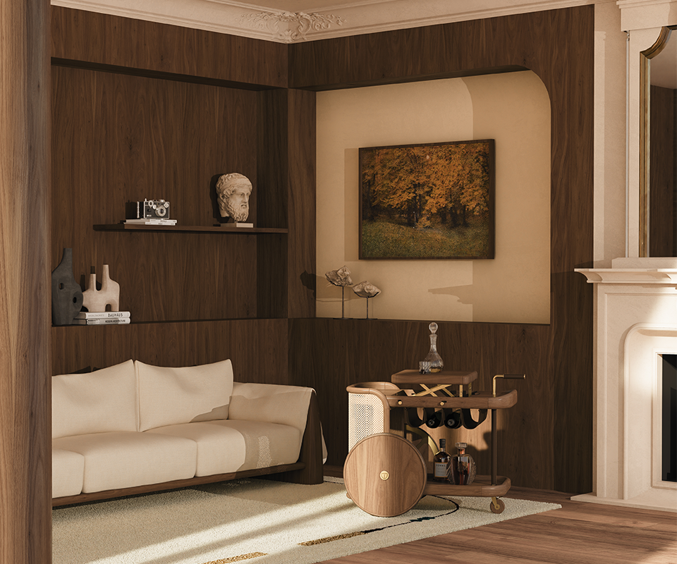 Brinsley Bar Cart, Wood Tailors' New Icon in a living room setting, made of walnut wood and rattan, placed next to a Dudley sofa upholstered in white with smoked walnut wood accents. The room is softly lit by natural light from a window, highlighting the wooden walls and ceiling plaster décor.”