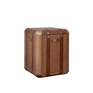 45º front view of the Burke chair featuring a walnut wood structure, saddle leather details, and aged brushed brass accents.