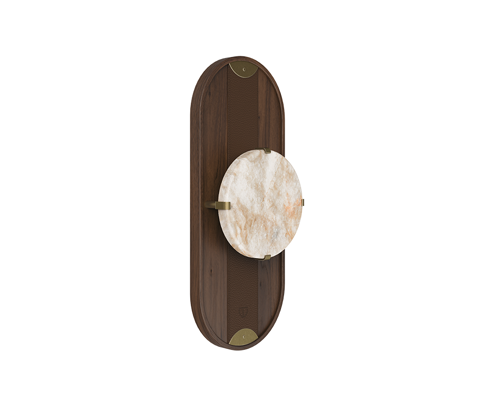 Cavendish Wall Lamp, 45º front view, with the light turned off. Crafted from smoked walnut wood and alabaster, framed in a gentle oval silhouette with aged brushed brass accents, showcasing the lamp’s refined materials and elegant design.