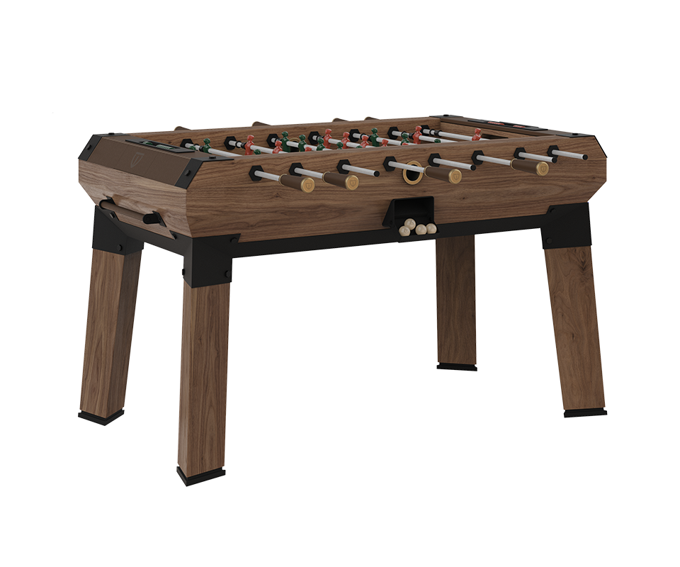Chesterfield Foosball Table Chesterfield Foosball Table crafted from walnut wood and black powder-coated stainless steel, featuring brushed aged brass handles, leather details, and contemporary lacquered steel players.