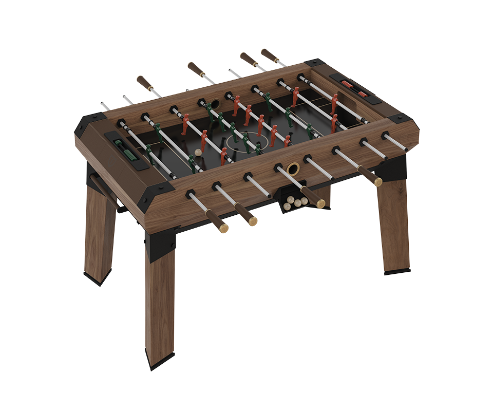 High-angle view of the Chesterfield Foosball Table crafted from walnut wood, showcasing the black lacquered playing field, red and green steel players, and manual scoring counters.