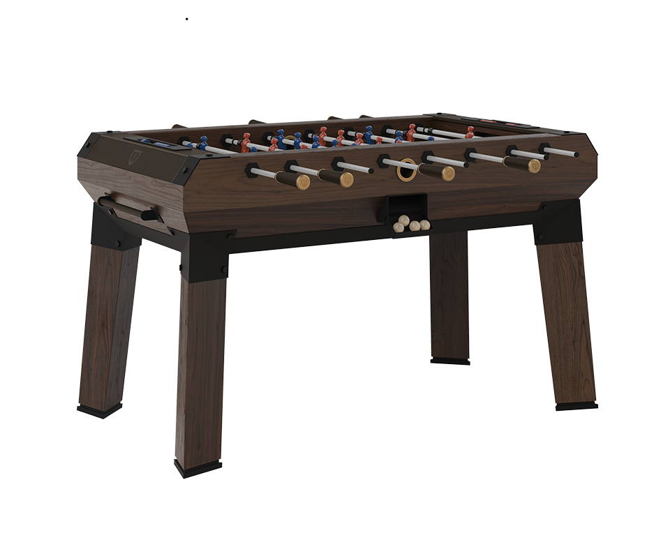 Chesterfield Foosball Table crafted from smoked walnut wood and black powder-coated stainless steel, featuring brushed aged brass handles, leather details, and contemporary lacquered steel players.