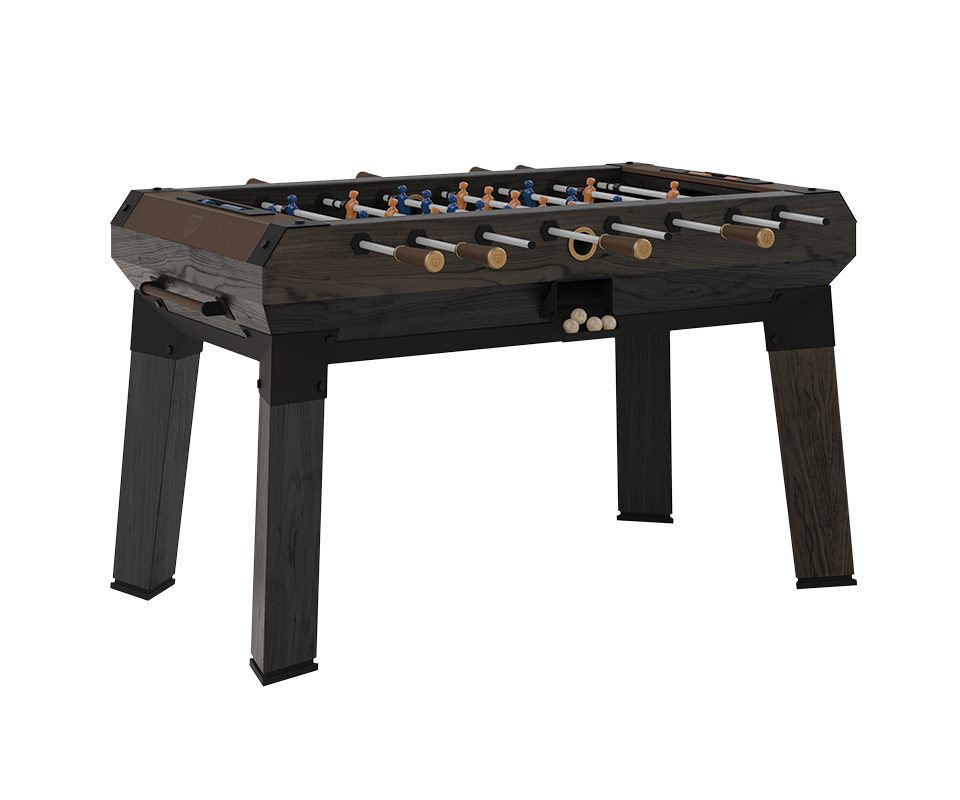 Chesterfield Foosball Table crafted from black stained ashwood and black powder-coated stainless steel, featuring brushed aged brass handles, leather details, and contemporary lacquered steel players.