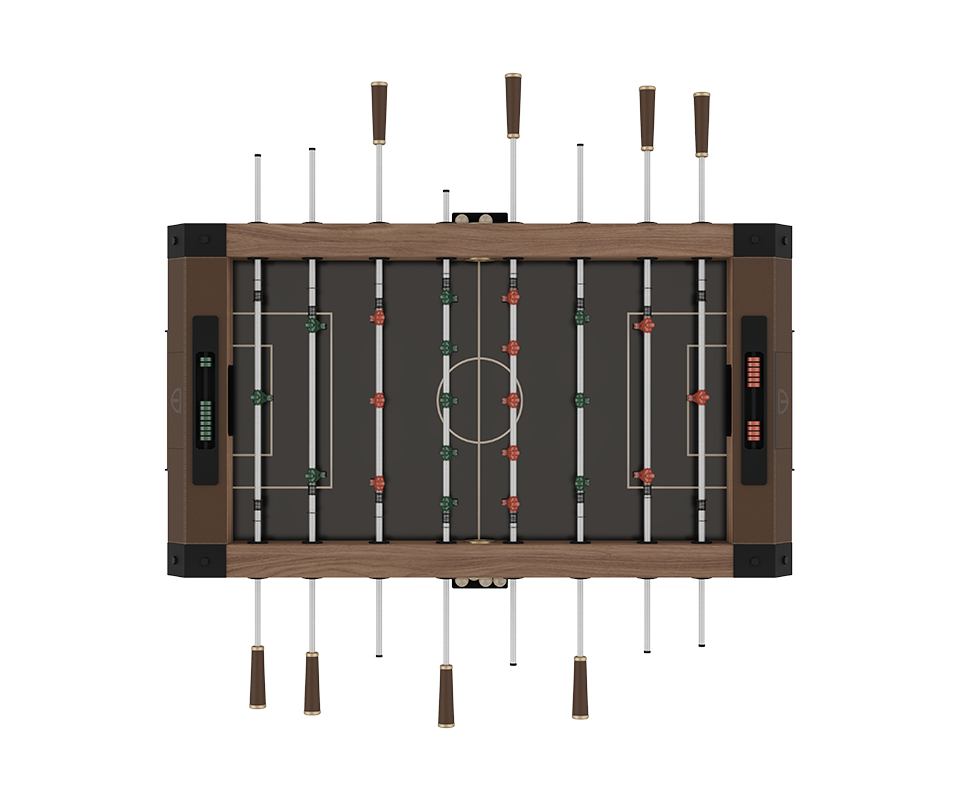 Direct top-down view of the Chesterfield Foosball Table , highlighting the symmetrical player formation on the black pitch and the refined walnut and leather frame details.