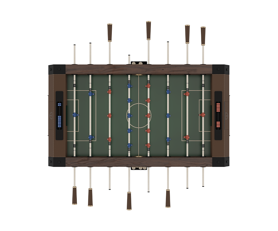 Direct top-down view of the Chesterfield Foosball Table, highlighting the symmetrical player formation on the greenpitch and the refined smoked walnut and leather frame details.