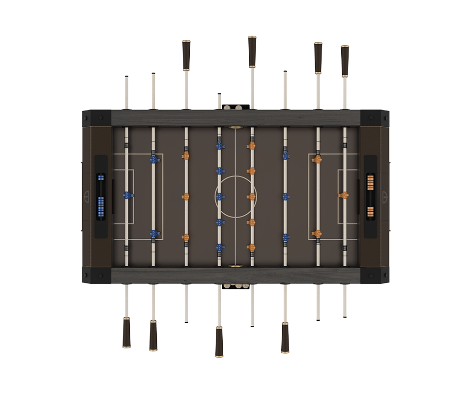 Direct top-down view of the Chesterfield Foosball Table, highlighting the symmetrical player formation on the black pitch and the refined black stained ashwood and leather frame details.
