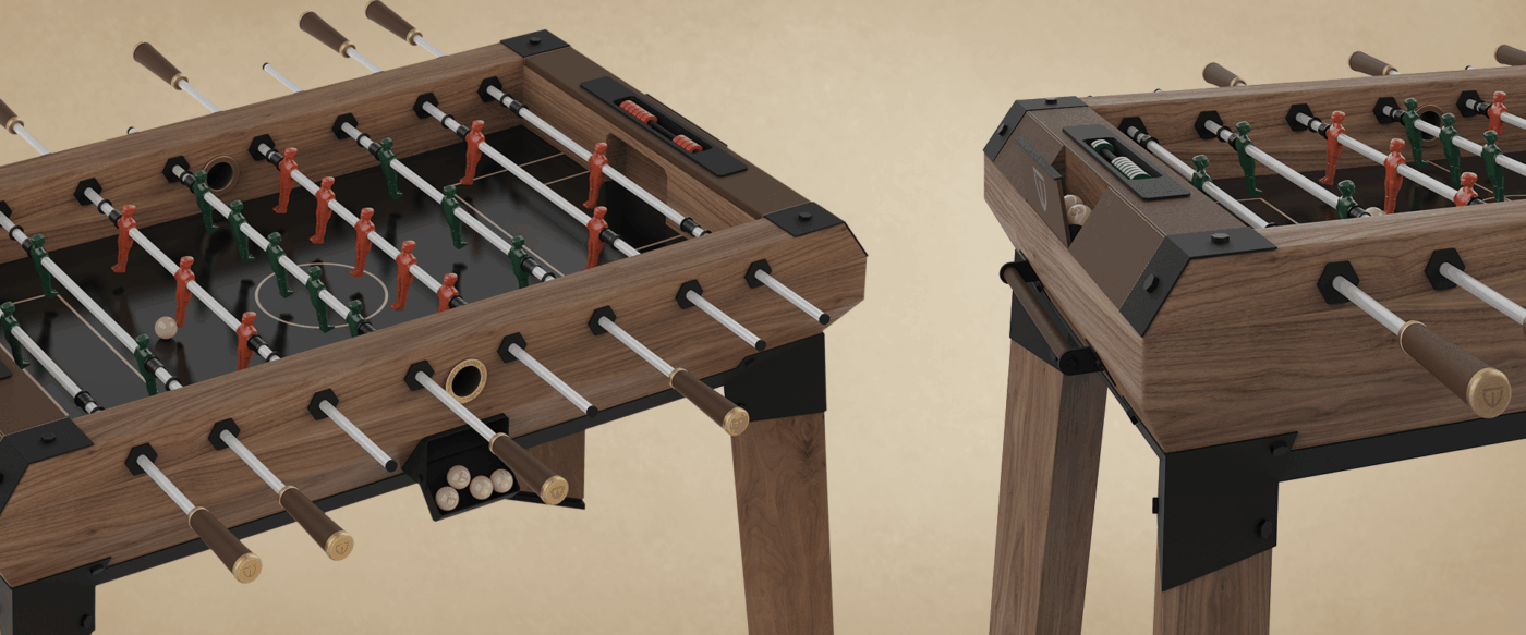 Chesterfield Foosball Table A split-view close-up of the Chesterfield Foosball Table. The left side shows the ball return slot, walnut wood grain, and lacquered players on the black field. The right side highlights the leather-upholstered corner with the embossed Wood Tailors Club logo and the sliding score counter.