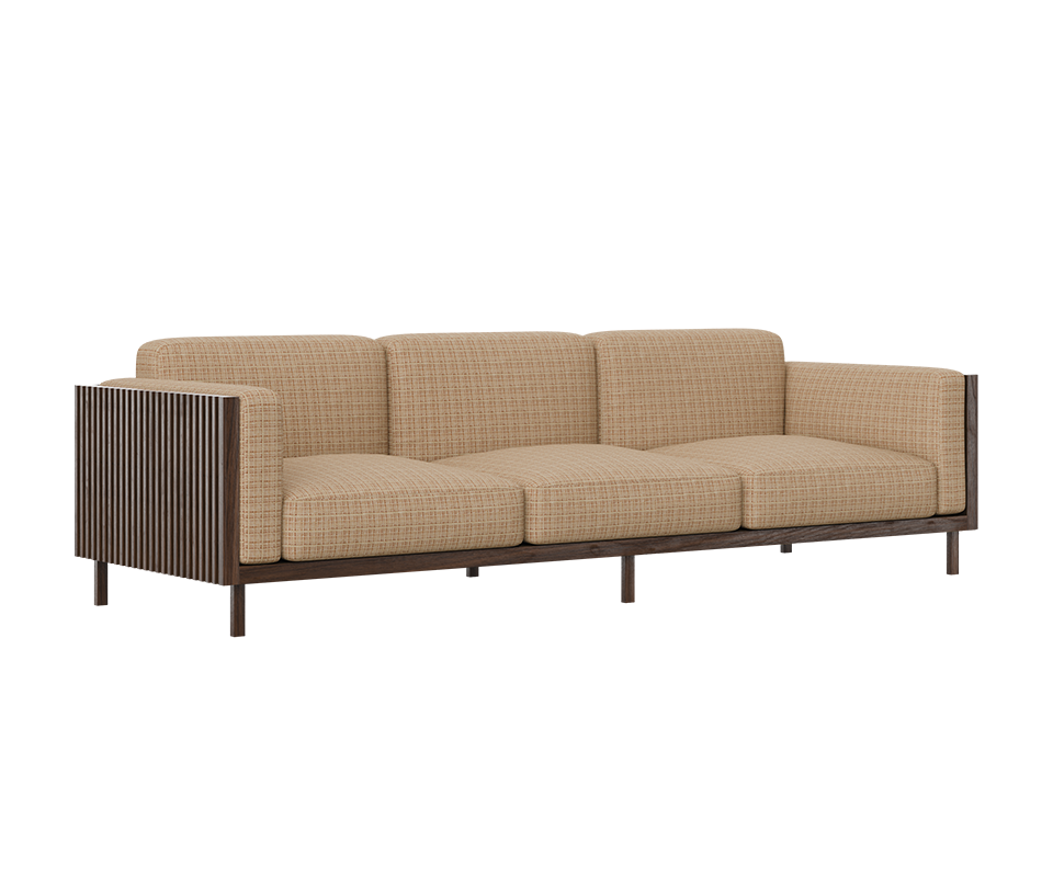 45-degree front view of the Conway sofa, featuring a smoked walnut wood frame and weave fabric upholstery.