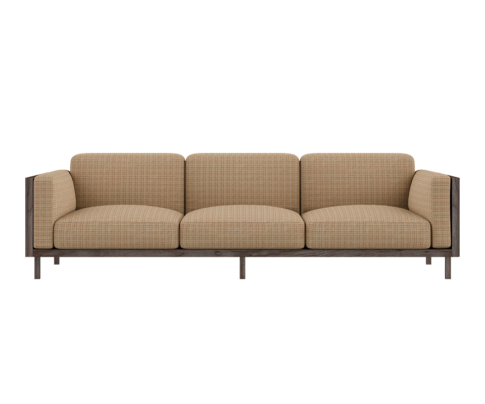 Front view of the Conway sofa, featuring a smoked walnut wood structure and weave fabric upholstery.