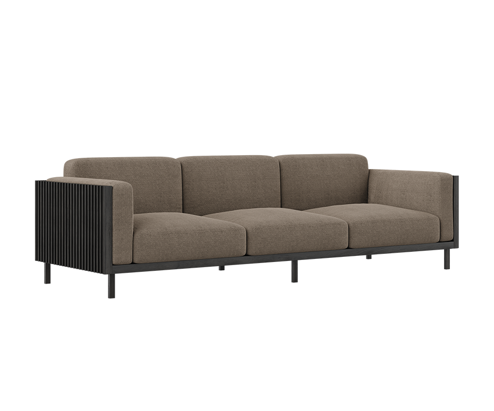 45-degree front view of the Conway sofa, featuring a black stained ashwood frame and weave fabric upholstery.