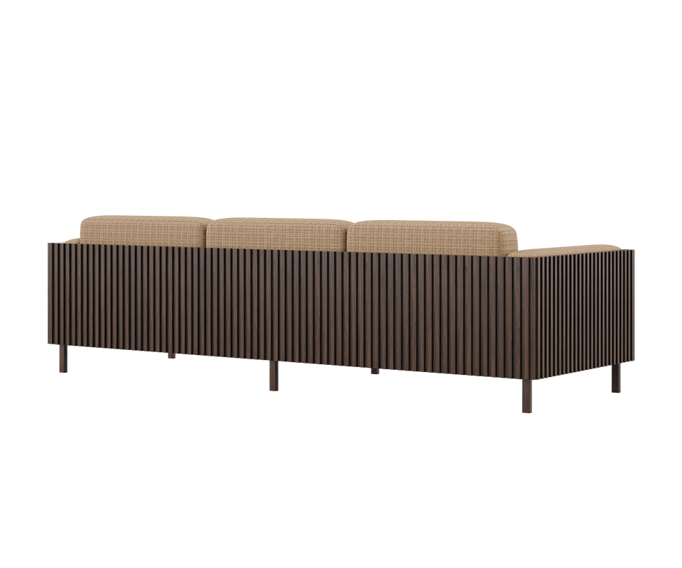 45-degree back view of the Conway sofa, featuring a smoked walnut wood frame and weave fabric upholstery.
