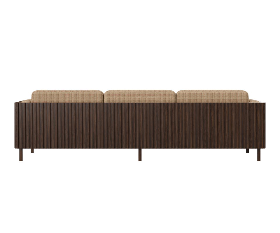 Back view of the Conway sofa, featuring a smoked walnut wood frame and weave fabric upholstery.