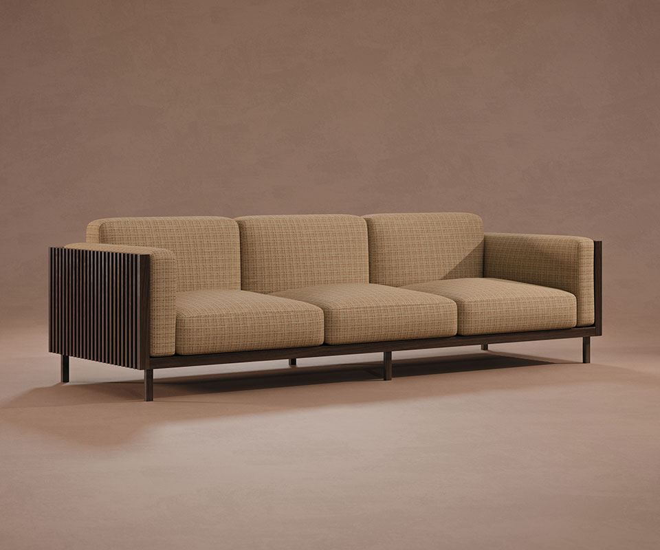 45-degree front view of the Conway sofa, featuring a smoked walnut wood frame and weave fabric upholstery by Nobilis set against a brown background.