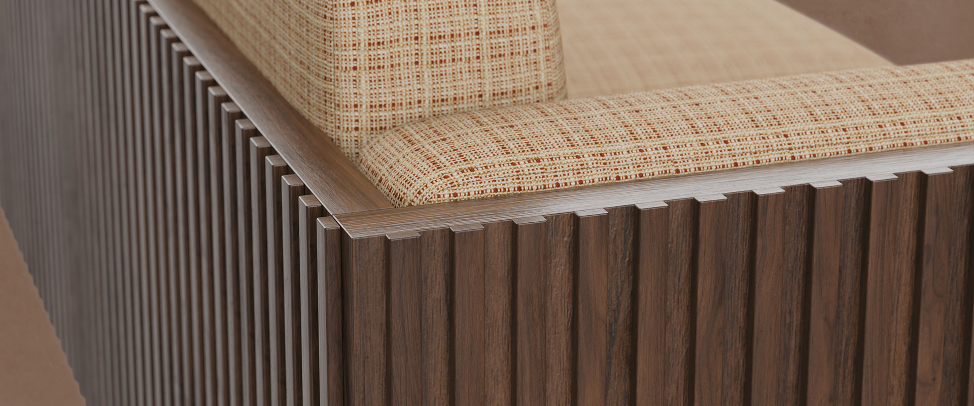 Close-up of the Conway sofa, highlighting the smoked walnut wood structure and Nobilis weave fabric upholstery set against a brown background