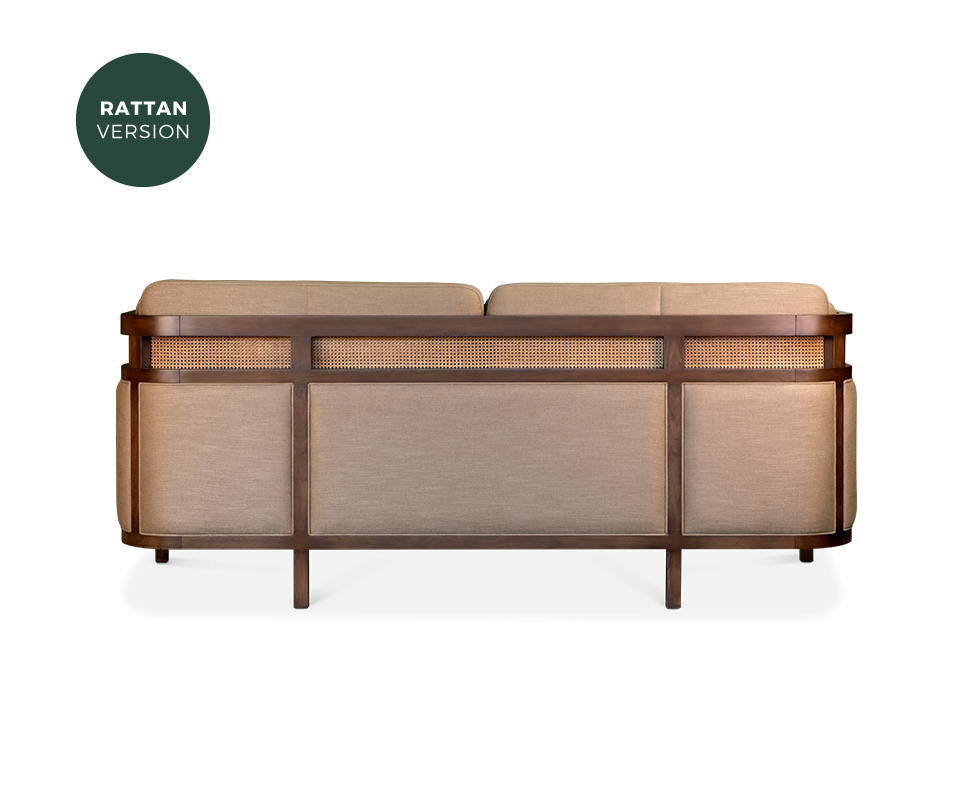 Crockford rattan sofa in walnut wood, ratan and linen