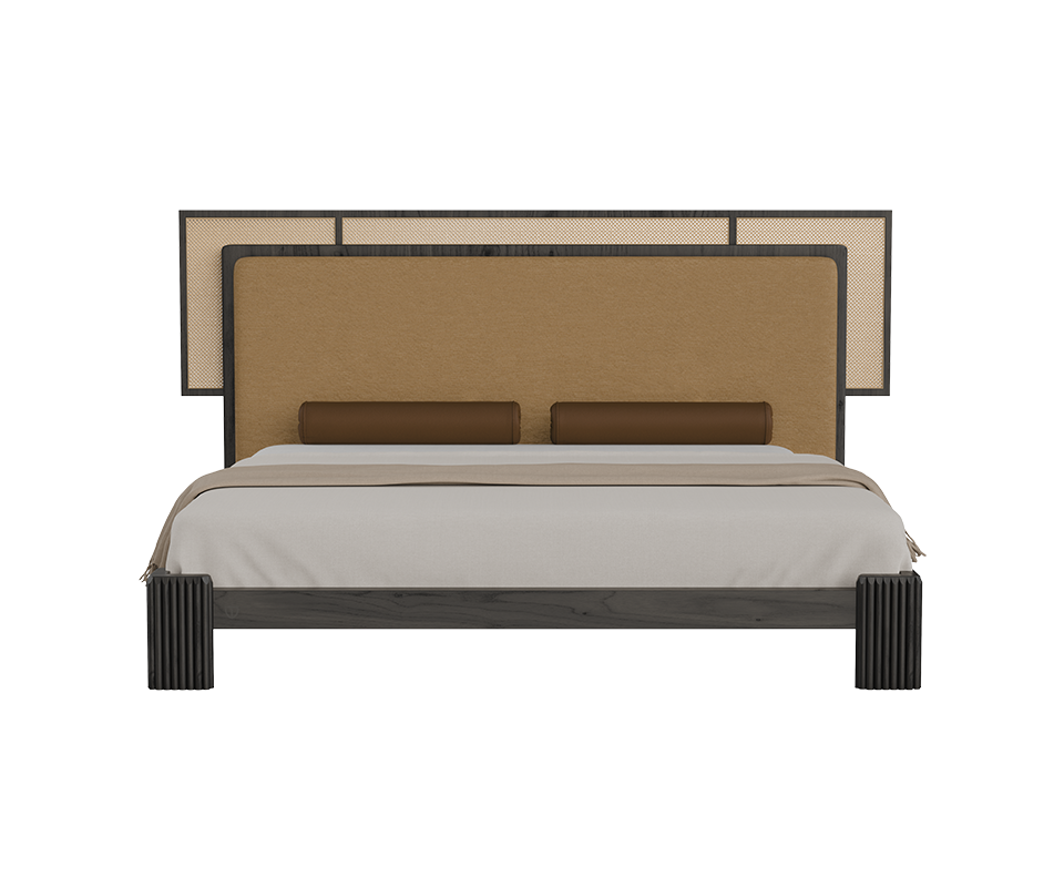 Forbes bed front view featuring a fabric and rattan headboard, cylindrical leather bolster pillows, and a black stained ashwood frame.