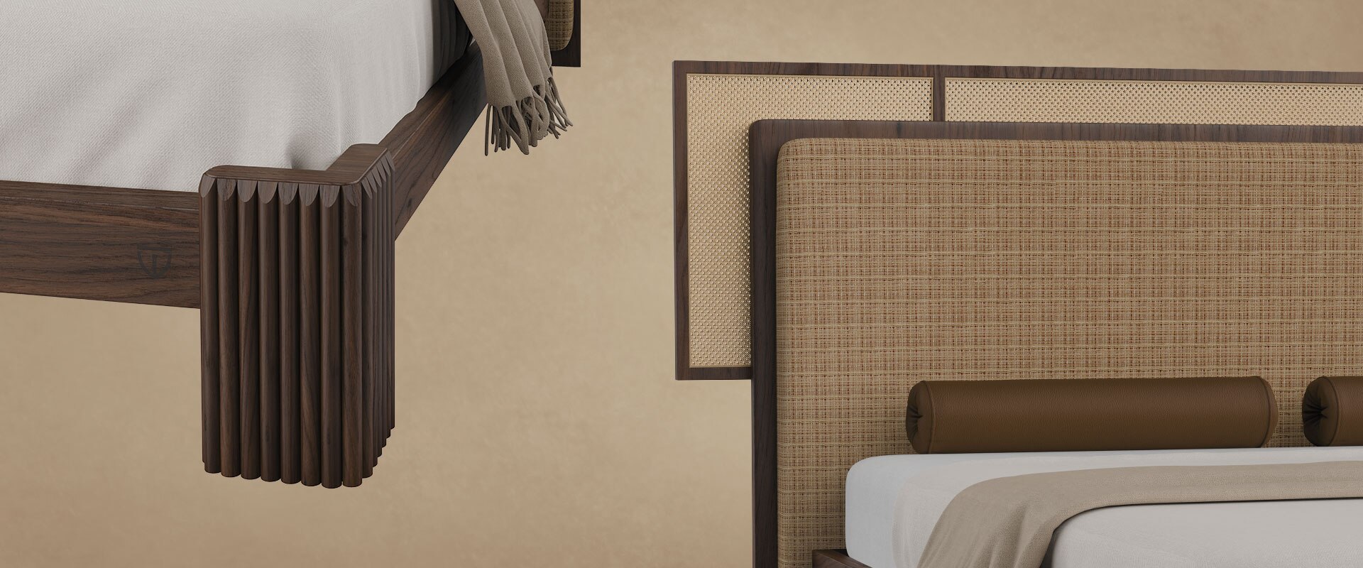 Forbes bed Forbes bed close-up highlighting the rattan and upholstery textures, as well as the wood texture of the bed’s feet.