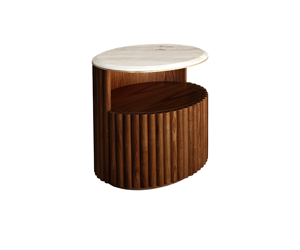 Herbert Bedside Table in smoked walnut wood with a travertine tabletop and brushed brass details, positioned at a 45-degree angle.