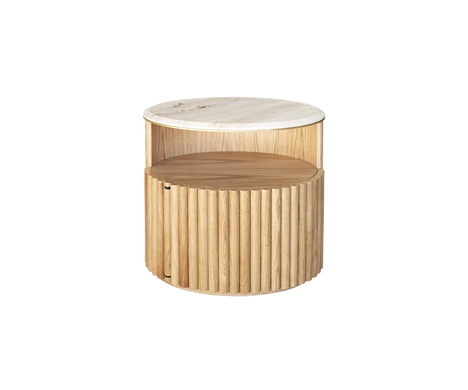 Herbert Bedside Table in natural oak with a travertine tabletop and brushed brass details, positioned front-facing toward the camera.