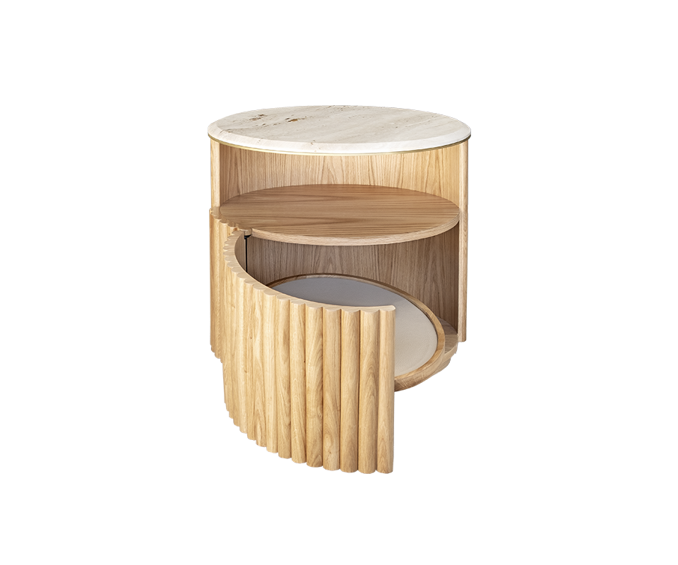 Herbert Bedside Table in natural oak with a travertine tabletop and brushed brass details, positioned front-facing toward the camera with the door open, showcasing the leather detail inside.