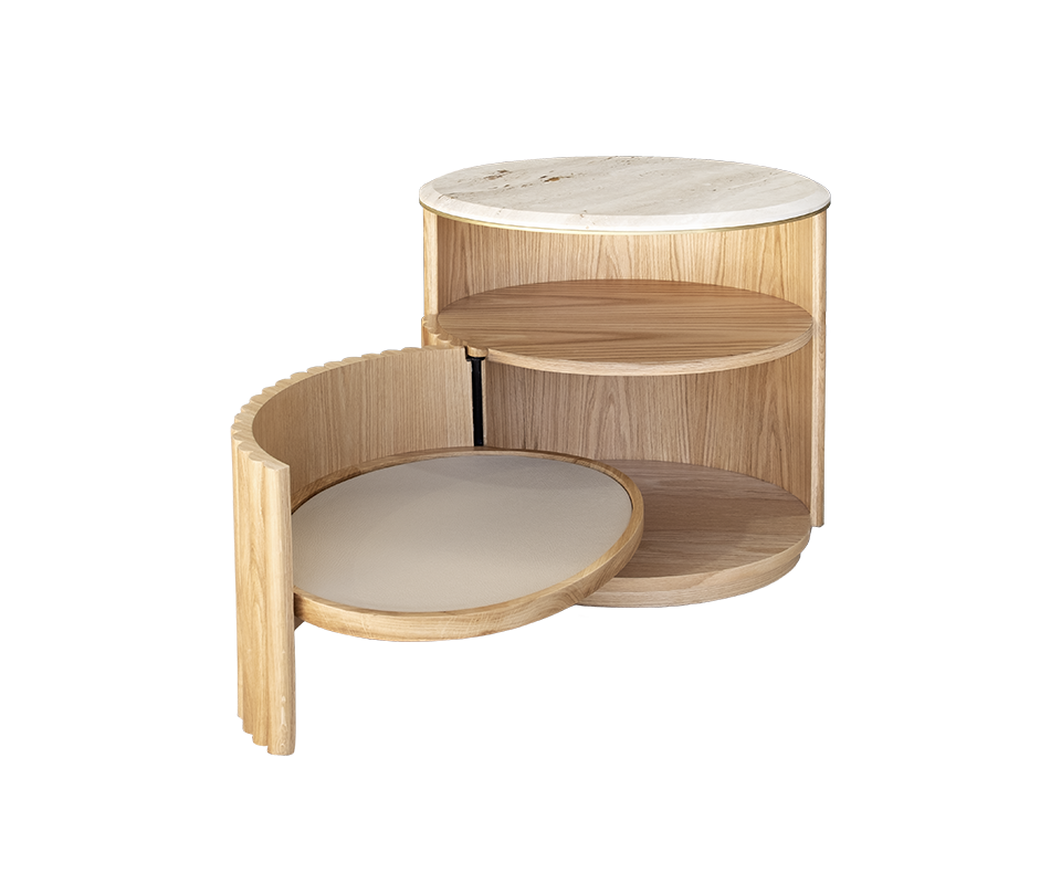 Herbert Bedside Table in natural oak with a travertine tabletop and brushed brass details, positioned front-facing toward the camera with the door completely open, showcasing the leather detail inside.