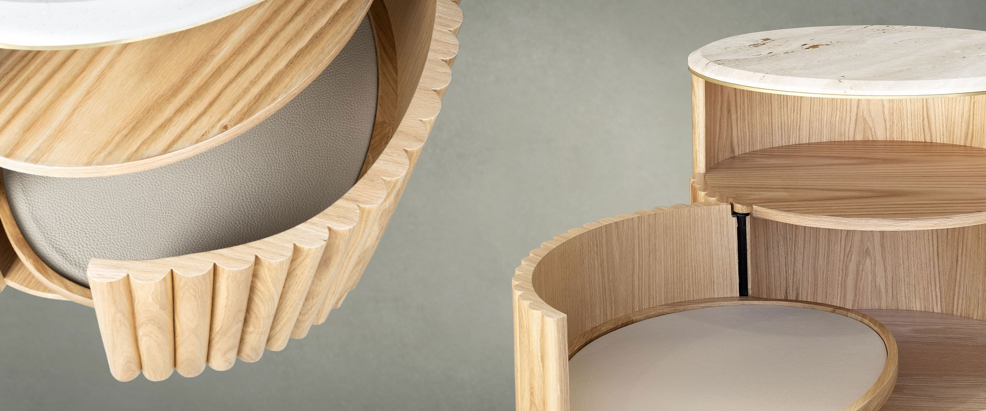 Close-up detail of the Herbert Bedside Table in natural oak with a travertine top, showcasing its open interior compartment and the fluted wood texture.