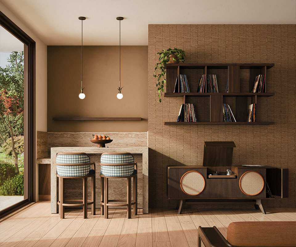 The James bar chair has a timeless design, upholstered in a blue and white checker-pattern fabric, is placed in a living room setting next to the Harrison sideboard, crafted in walnut and showcasing a vinyl record player inside. The space is complemented by two illuminated Berlin pendant lamps.