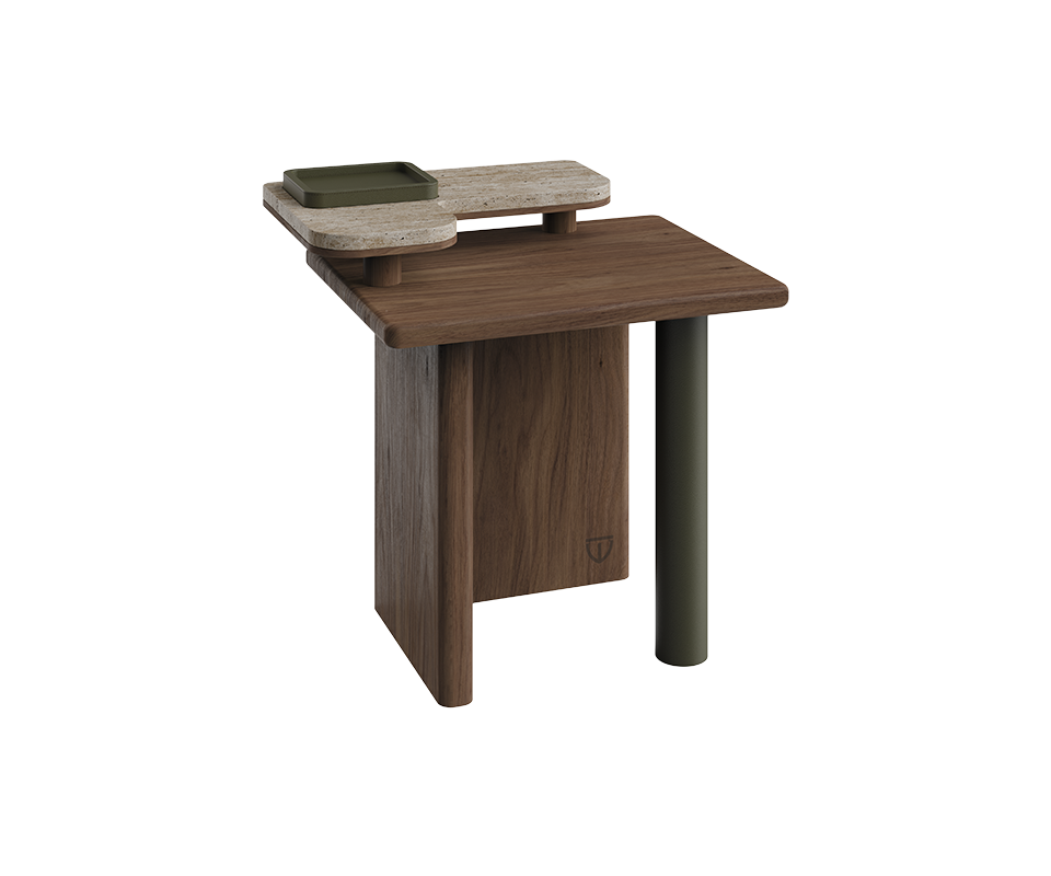 Maurier Side Table Maurier side table, 45-degree top front view. A single cylindrical leg wrapped in supple leather flows into a balanced wooden frame, supporting a smooth travertine tabletop. A small removable leather tray rests atop, blending practicality with understated elegance.