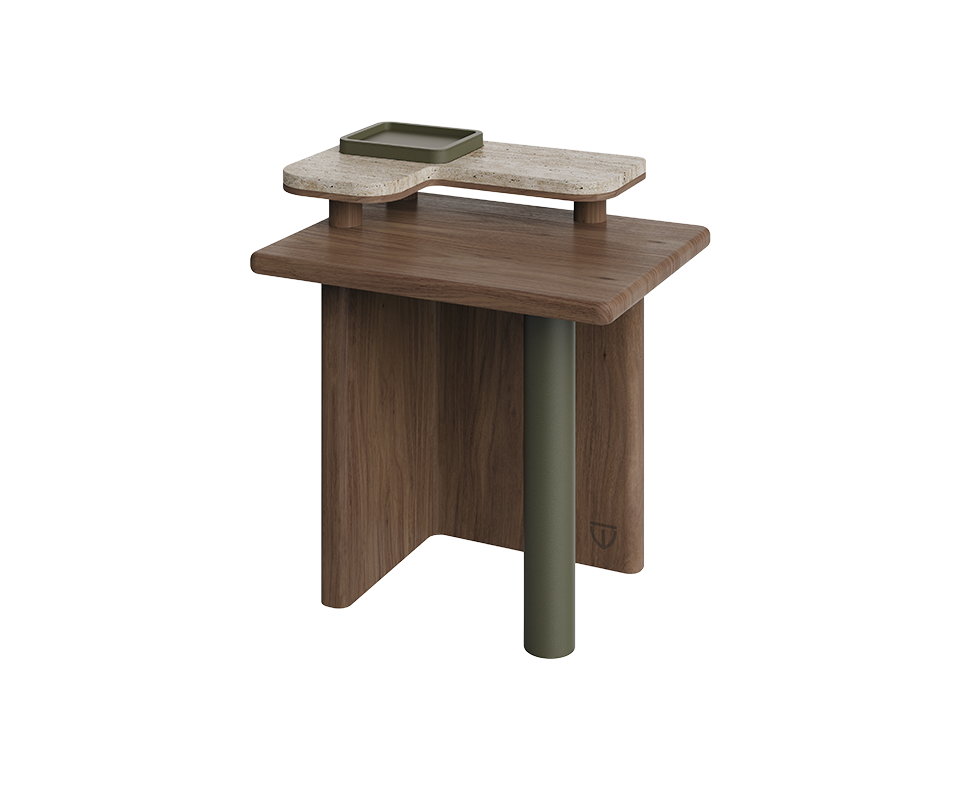 Maurier side table, 45-degree front view. A single cylindrical leg wrapped in supple leather flows into a balanced wooden frame, supporting a smooth travertine tabletop. A small removable leather tray rests atop, blending practicality with understated elegance.