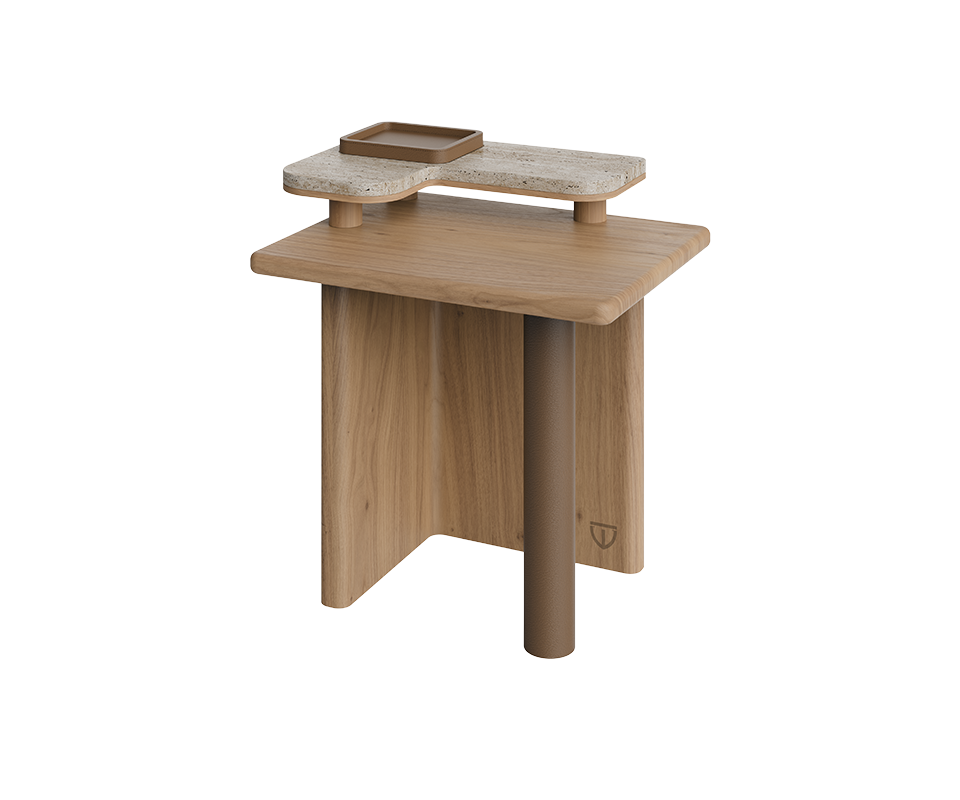 Maurier side table in oak, travertine, and AMS Linea 609 wood, shown in a 45-degree view. The composition reveals the interplay of warm oak tones, the smooth travertine surface, and the subtle sophistication of the leather-wrapped cylindrical leg.