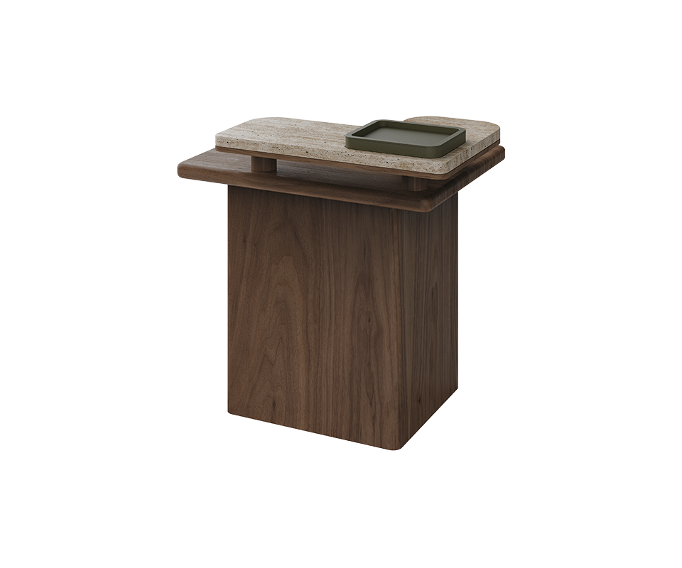 Maurier side table, 45-degree top front view. A single cylindrical leg wrapped in supple leather flows into a balanced wooden frame, supporting a smooth travertine tabletop. A small removable leather tray rests atop, blending practicality with understated elegance.