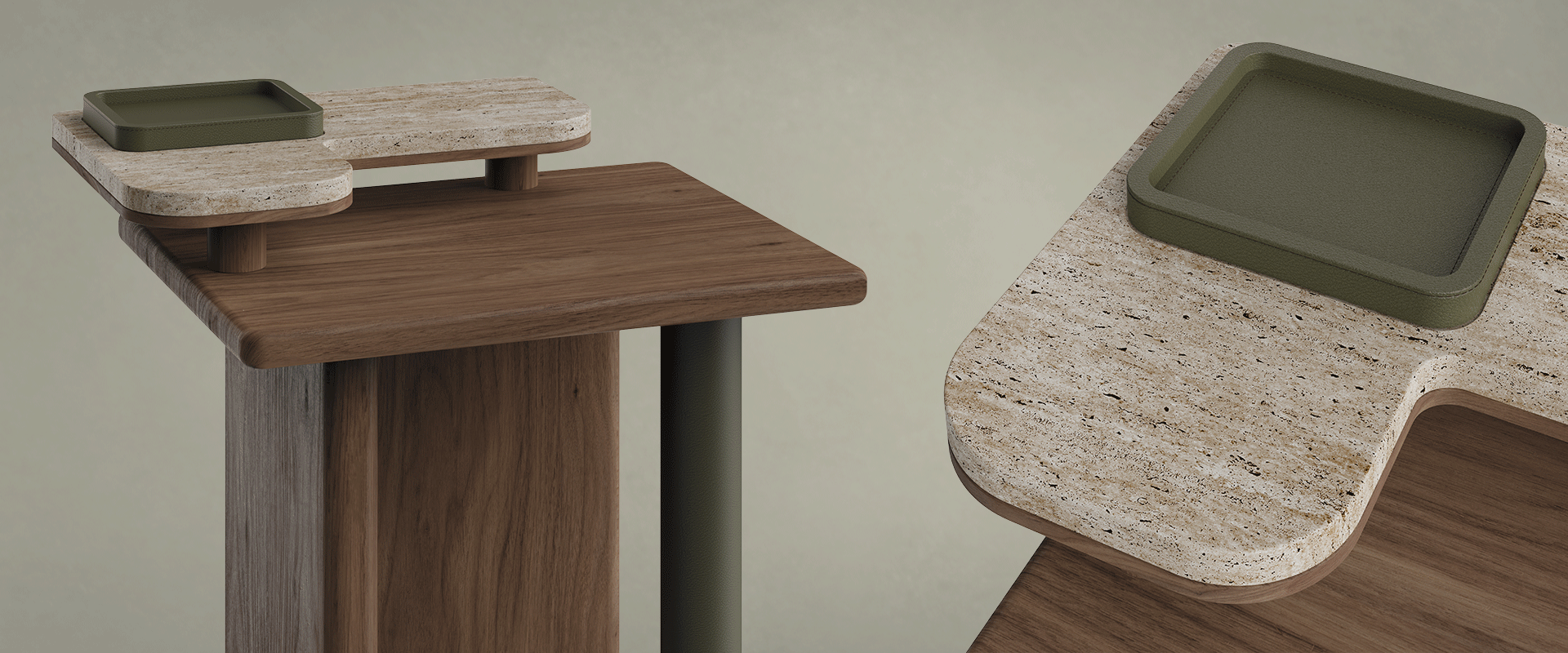 Maurier Side Table Detail of the Maurier side table revealing the harmony of its noble materials, the cylindrical leg sheathed in supple leather, exuding tactile richness; the wooden structure displaying its natural grain with quiet elegance; and the travertine tabletop, smooth and luminous, crowning the composition with timeless refinement.