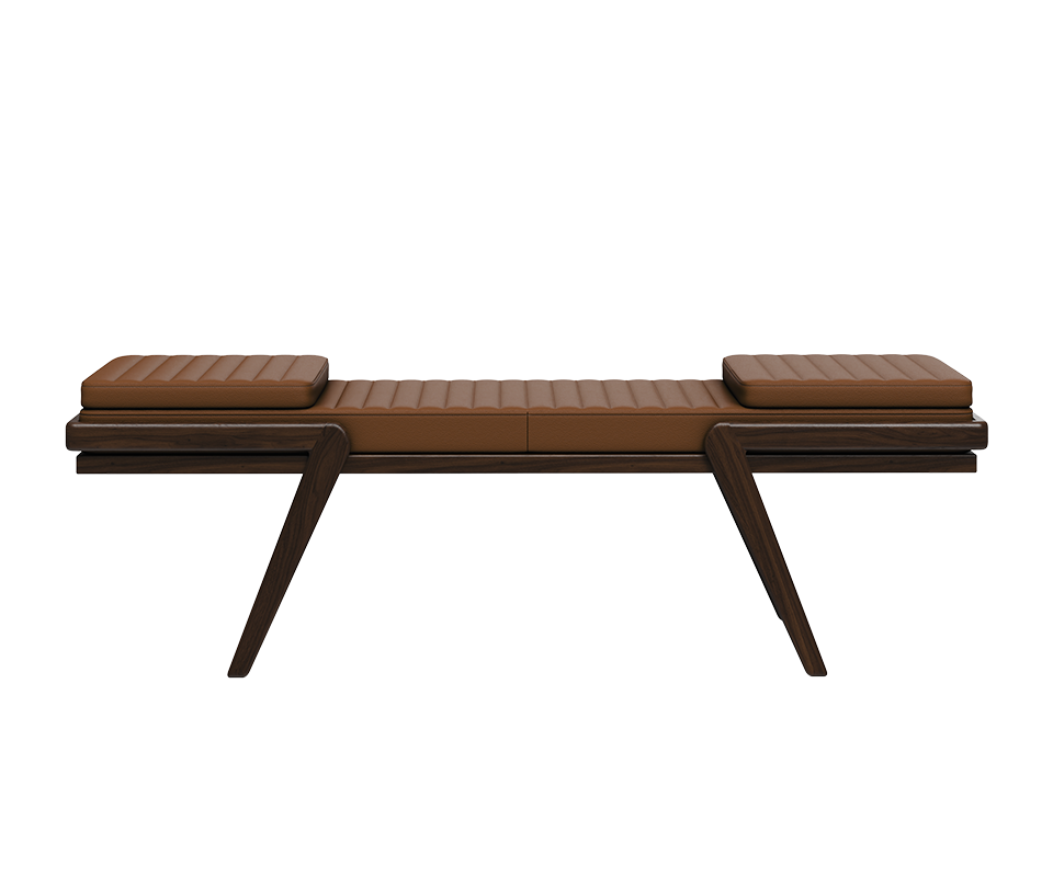 Milton Bench with a smoked walnut wood frame and orange leather upholstery, combining warm tones and refined craftsmanship.