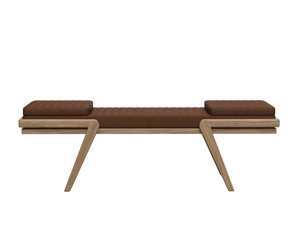Milton Bench with a natural oak frame and orange leather upholstery, combining warm tones and refined craftsmanship.