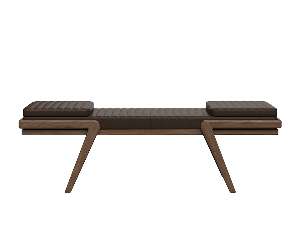 Milton Bench with a natural walnut wood frame and brown leather upholstery, combining warm tones and refined craftsmanship.
