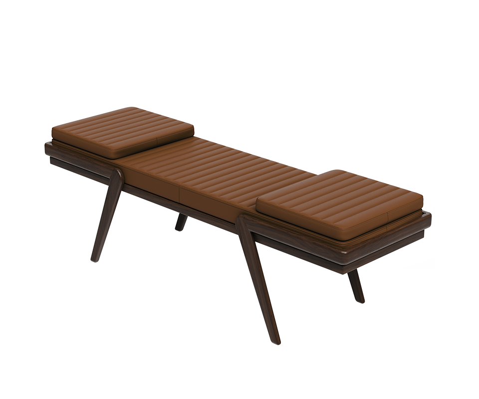 Milton Bench top view with a smoked walnut wood frame and orange leather upholstery, combining warm tones and refined craftsmanship.