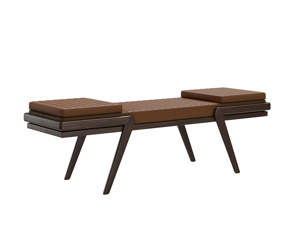 Milton Bench 45º view with a smoked walnut wood frame and orange leather upholstery, combining warm tones and refined craftsmanship.