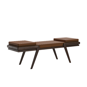 Milton Bench with a smoked walnut wood frame and orange leather upholstery, combining warm tones and refined craftsmanship.