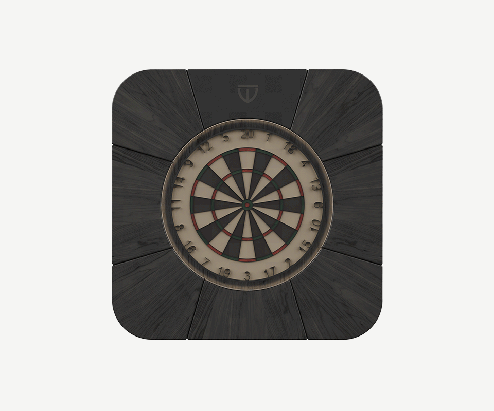 Rochford Dartboard Front view of the Rochford dartboard made of black-stained ash wood, featuring powder-coated stainless steel details.