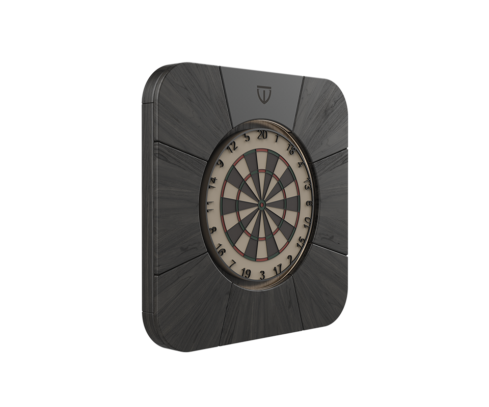 Side view of the Rochford dartboard in black-stained ash wood, showing the engraved brand logo and powder-coated stainless steel details.
