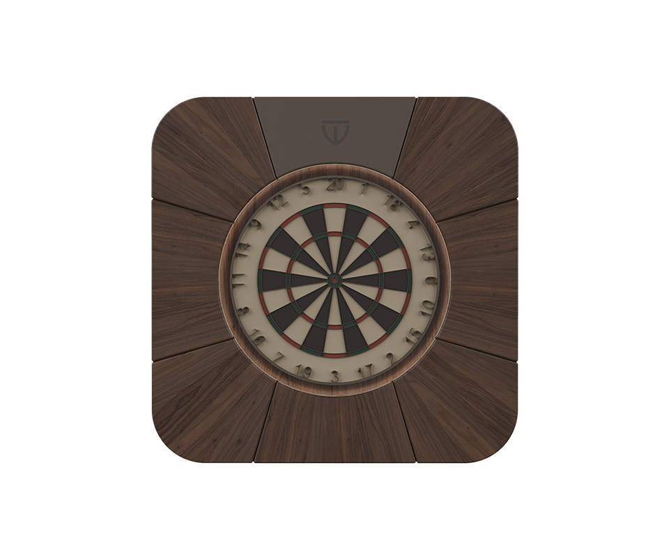 Front view of the Rochford dartboard featuring a WTC smoke walnut structure with powder coated stainless steel details.