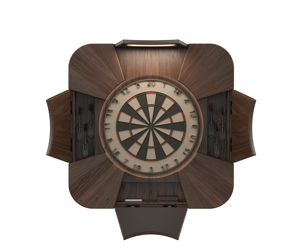 Open front view of the Rochford dartboard featuring a WTC smoke walnut structure with powder coated stainless steel details and open slots for storing darts including an upper slot with integrated light and a lower slot with the scoreboard.